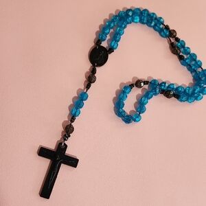 Blue and Black Beaded Rosary Necklace